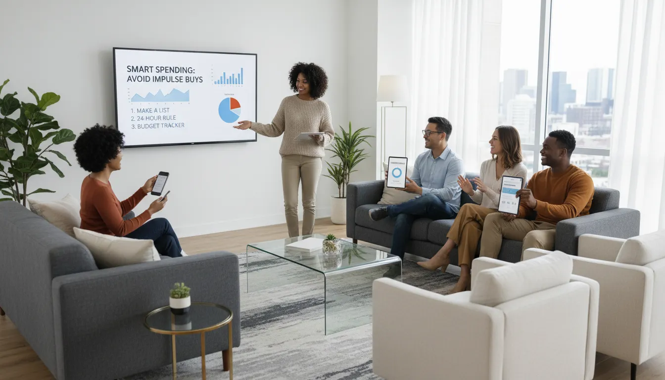 Grupo de amigos discutindo dicas para evitar compras por impulso e organizar melhor as finanças pessoais.