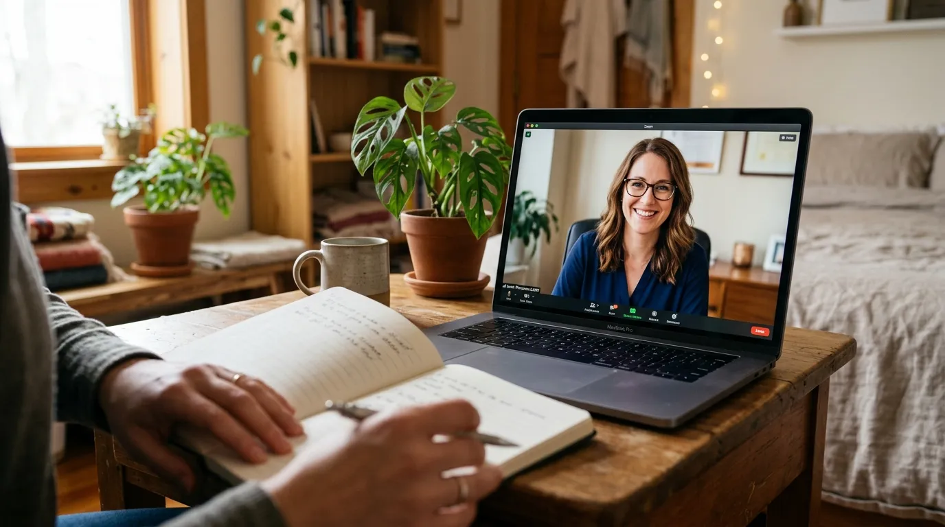 Sessao de acolhimento em plataforma de terapia online em um ambiente acolhedor.