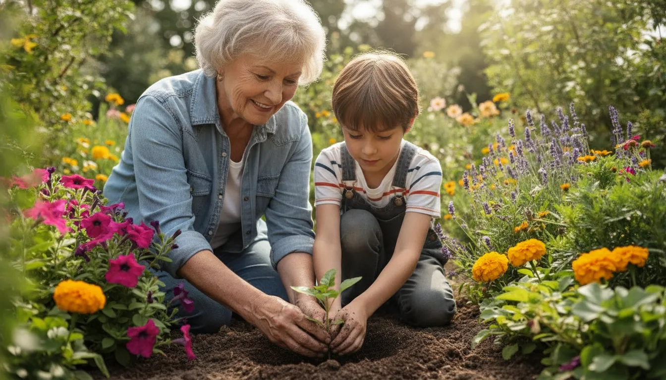 Adulto ensina criança a plantar, compartilhando conhecimento e propósito. Um estilo de vida comunitário, terapia online.