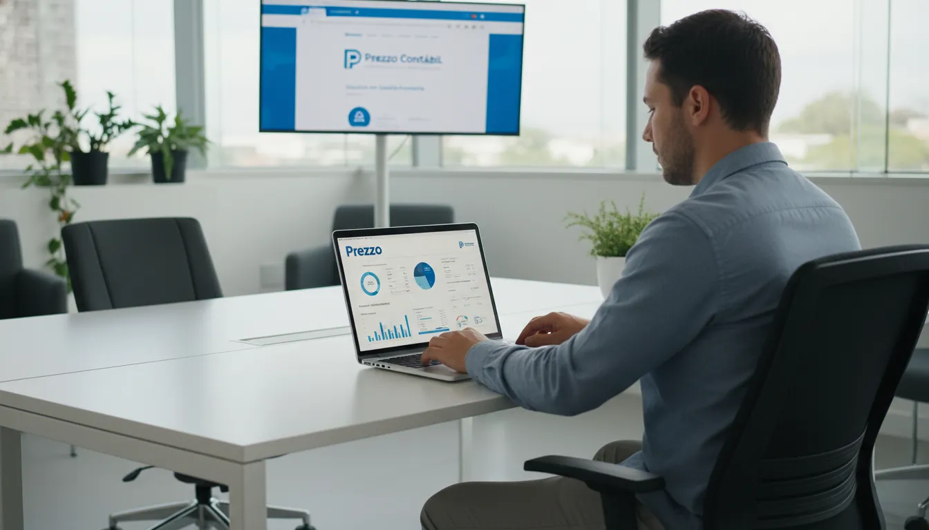 Em um escritório moderno, uma pessoa analisa dados financeiros em um laptop. O site da Prezzo Contábil está visível ao fundo. Descubra o que é capital social e como a Prezzo pode te ajudar a gerenciá-lo.