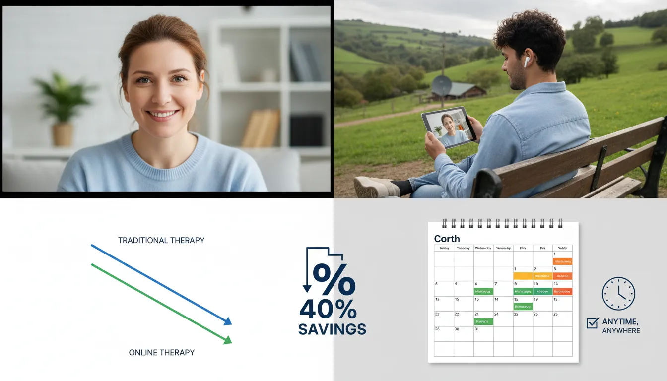 Montagem realista demonstrando a acessibilidade e o custo-benefício das terapias online, com foco na flexibilidade de horários e alcance geográfico.