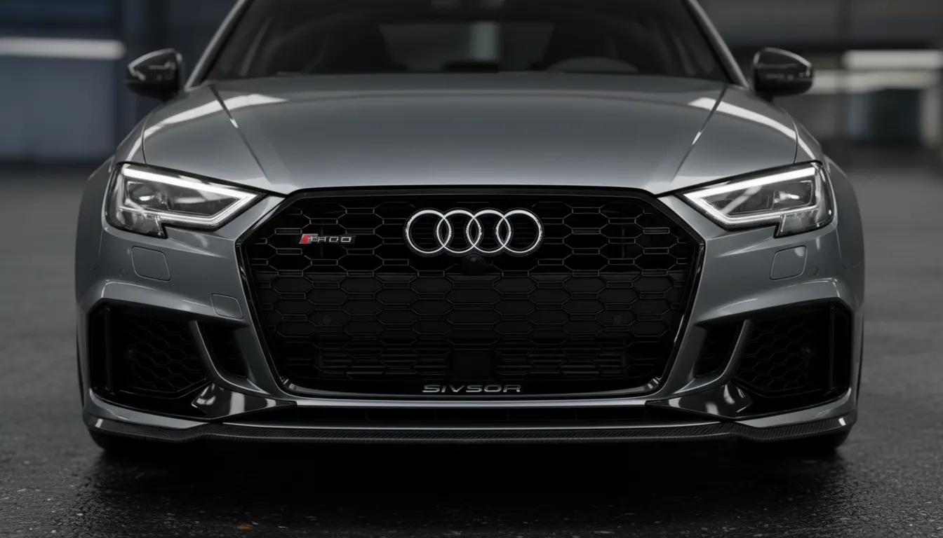 Detailed view of the audi rs3's front, emphasizing its modern design with a prominent logo in a blurred background.