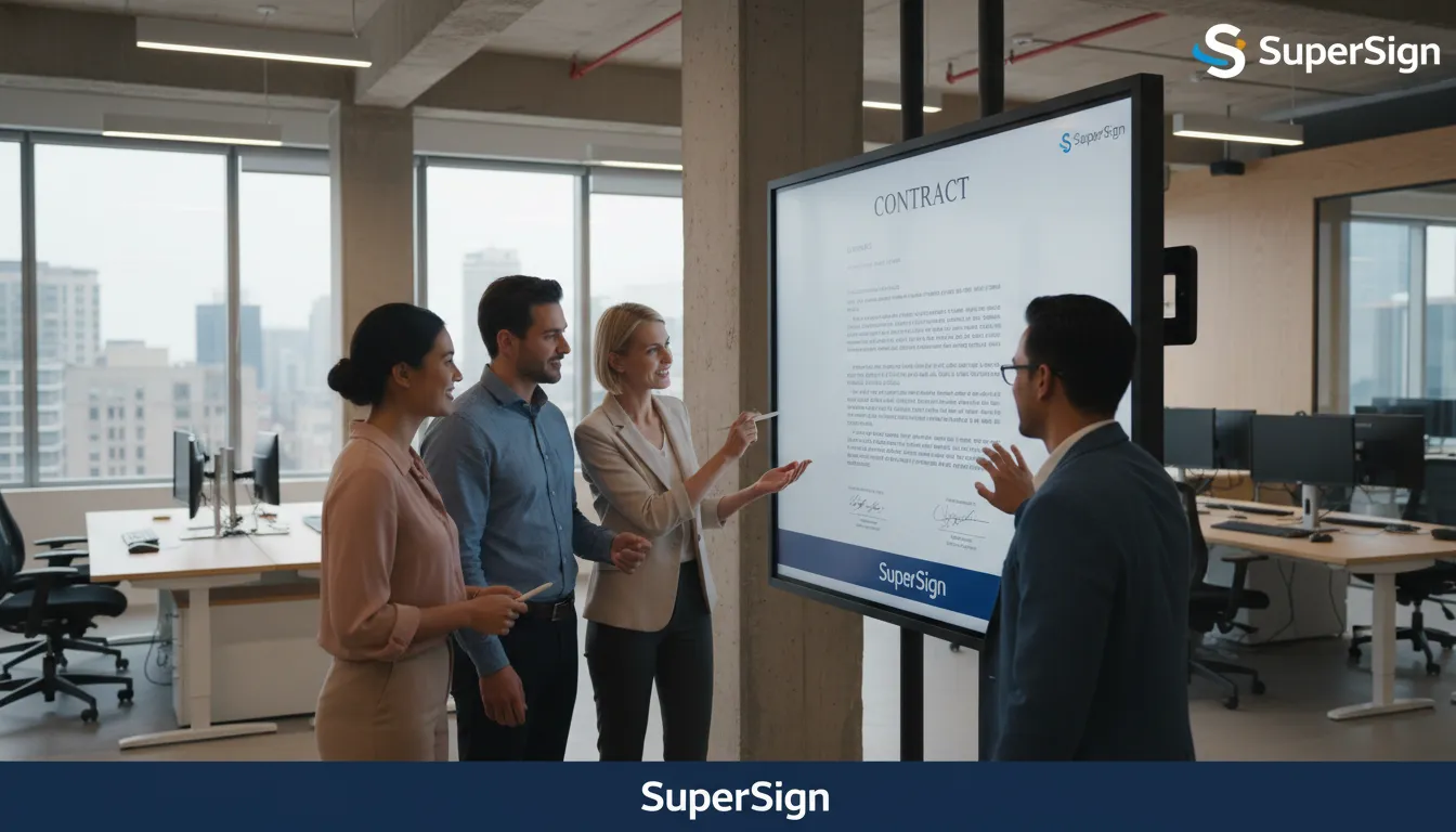 Profissionais colaborando na revisão de um contrato em uma tela touchscreen, utilizando a plataforma SuperSign para a declaração de autônomo modelo word.