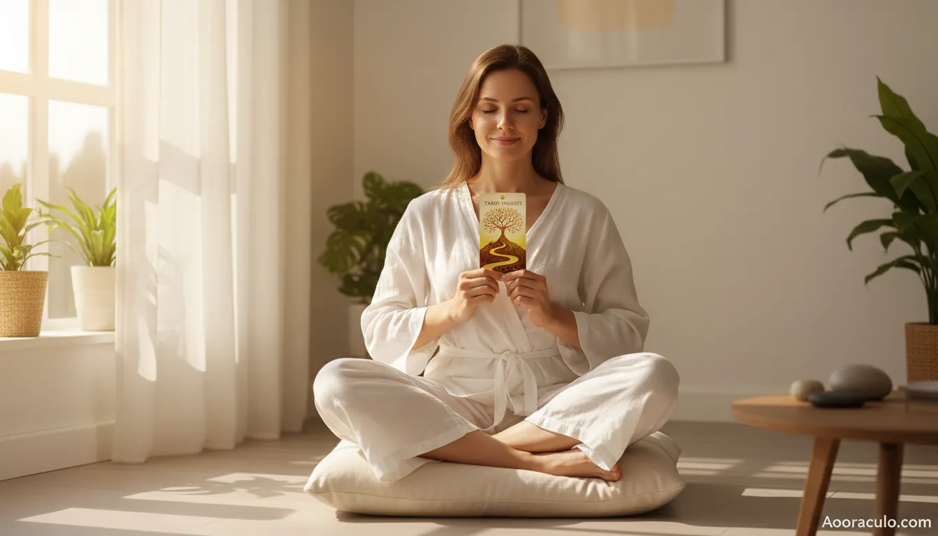 Mulher meditando com uma carta de tarot, simbolizando o insight e a capacidade do tarot revolucionar vida pessoal, no Aooraculo Blog.