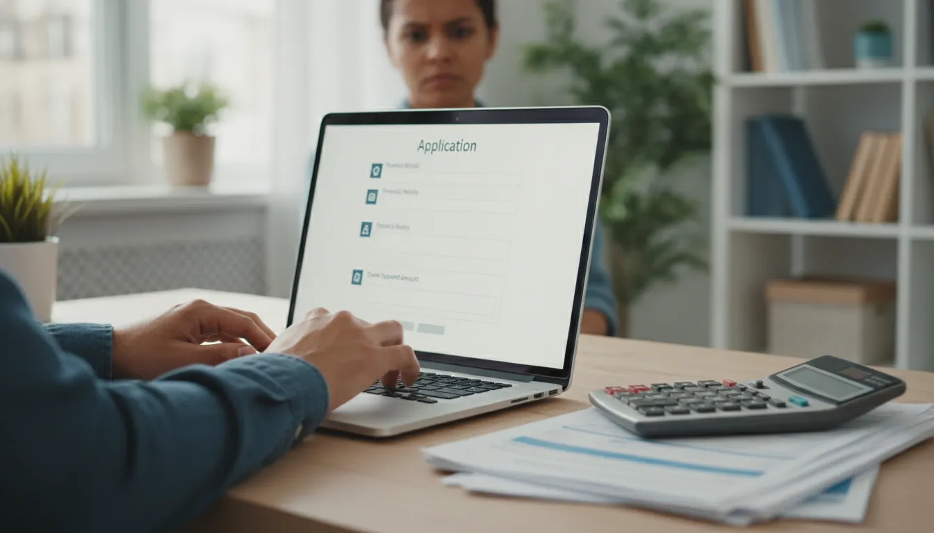 Mãos digitam em laptop, preenchendo formulário online para entrada financiamento caminhão de forma prática.