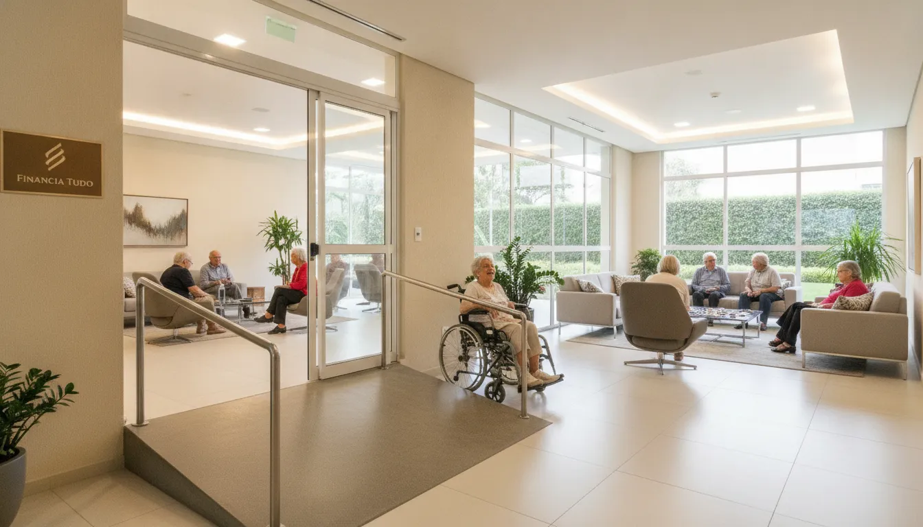 Área de condomínio recém-reformada para acessibilidade, com rampa e moradores felizes, resultado de financiamento.