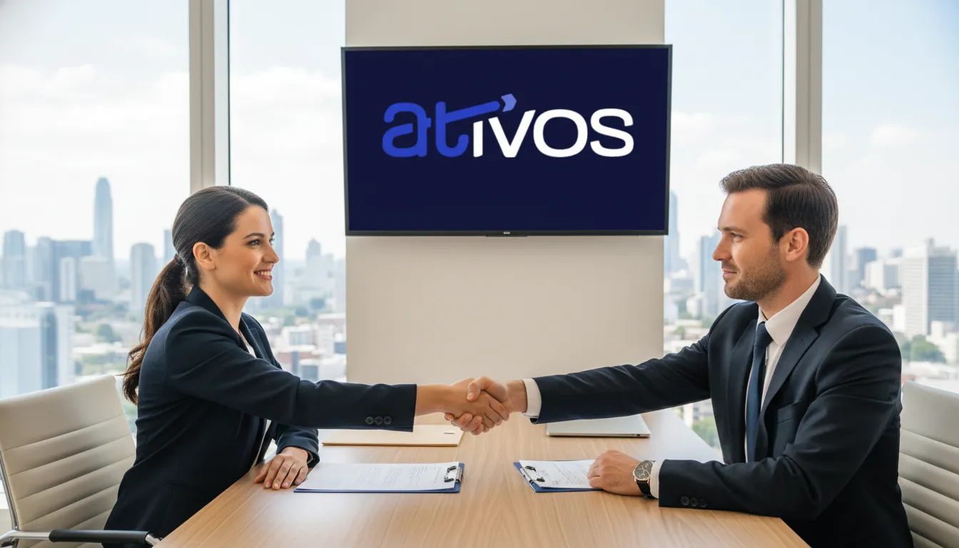 Aperto de mãos sela acordo de venda de precatório em ambiente corporativo moderno.