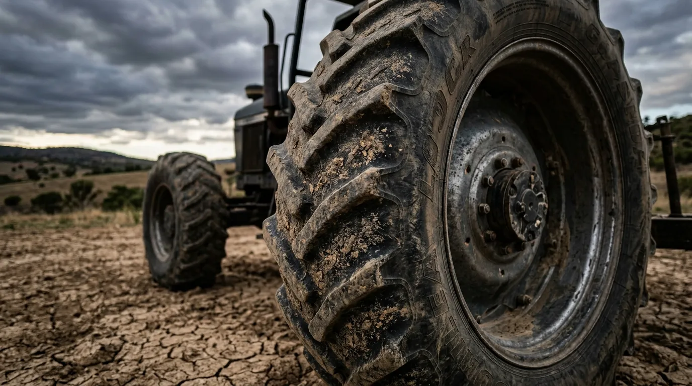 Pneu de trator na terra seca ilustrando como mercado maquinas agricolas permanece desafiador.