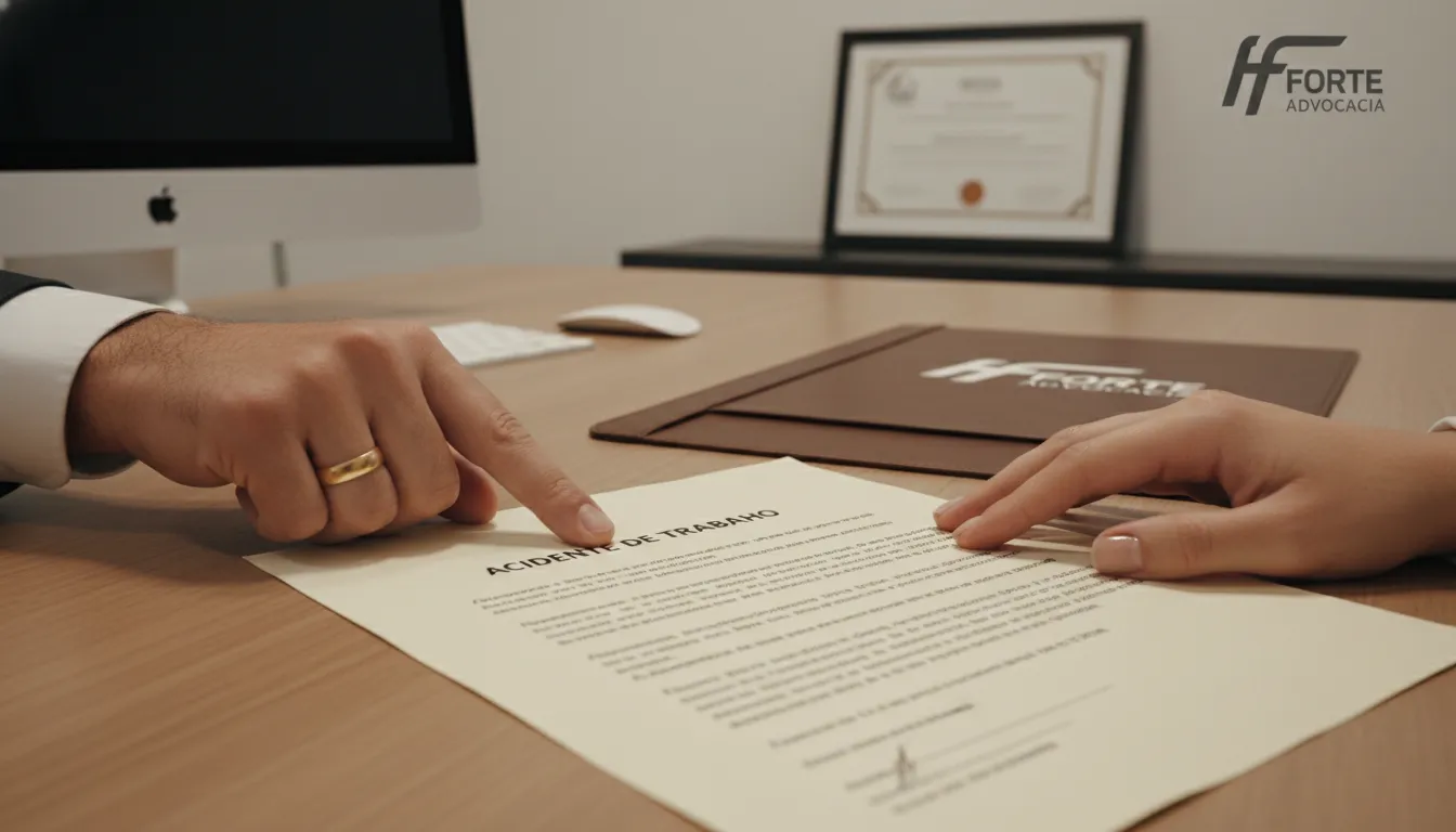 Mãos apontam documento legal sobre acidente de trabalho, em escritório de advocacia profissional.