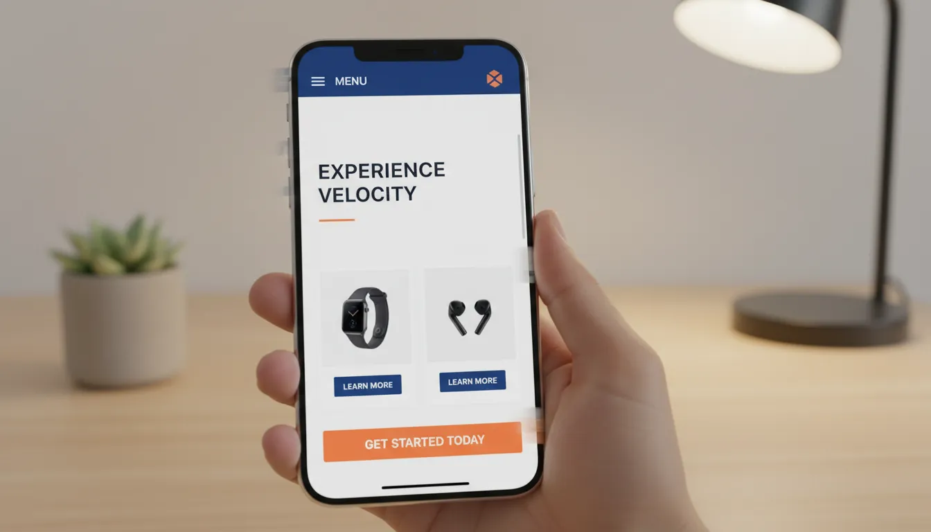 Site Responsivo 2026: Mobile-First Não é Mais Opção 2 Smartphone mostra site responsivo ultrarrápido com menus intuitivos e design otimizado.