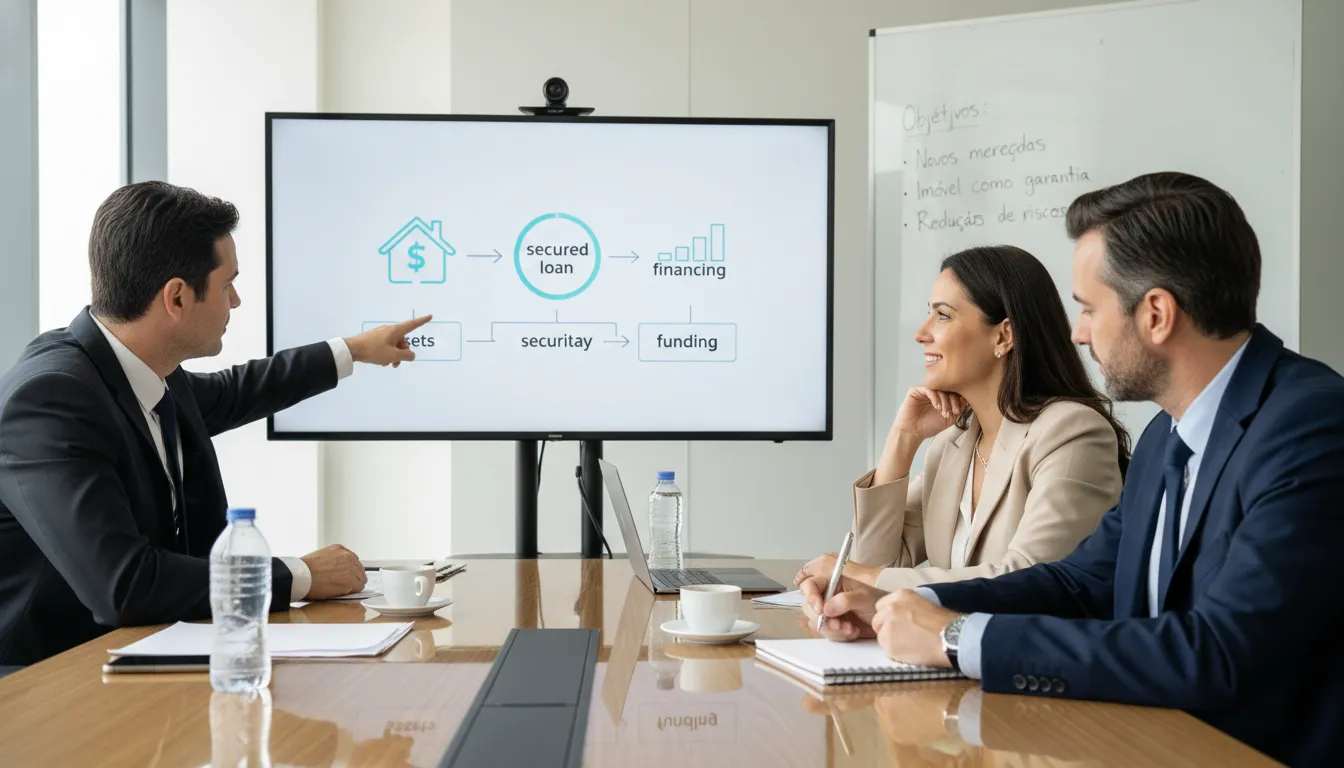 Equipe de negócios discutindo soluções financeiras para reorganizar dívidas empresariais com garantias imobiliárias.