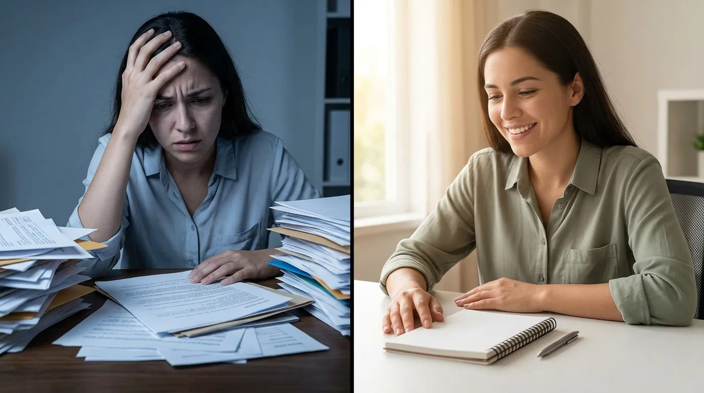 Comparativo emocional da mente ansiosa versus focada superando a procrastinação.