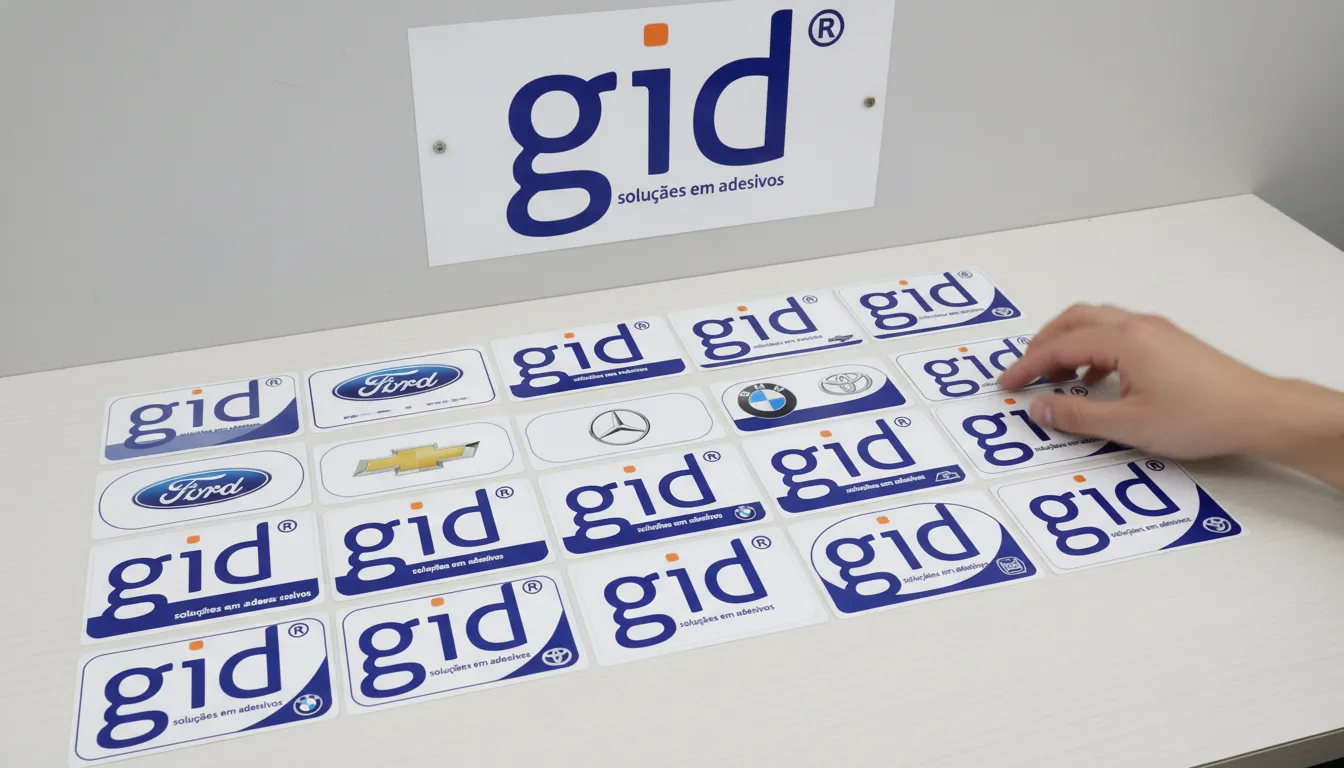 Variedade de etiquetas troca de óleo GID personalizadas para diferentes marcas de veículos, dispostas em bancada.