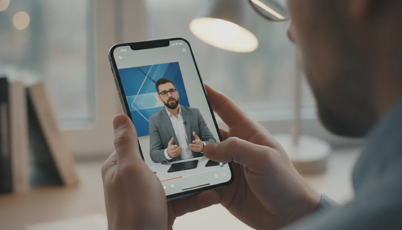 Mãos seguram smartphone assistindo vídeo profissional YouTube, buscando estratégias de captação de clientes.