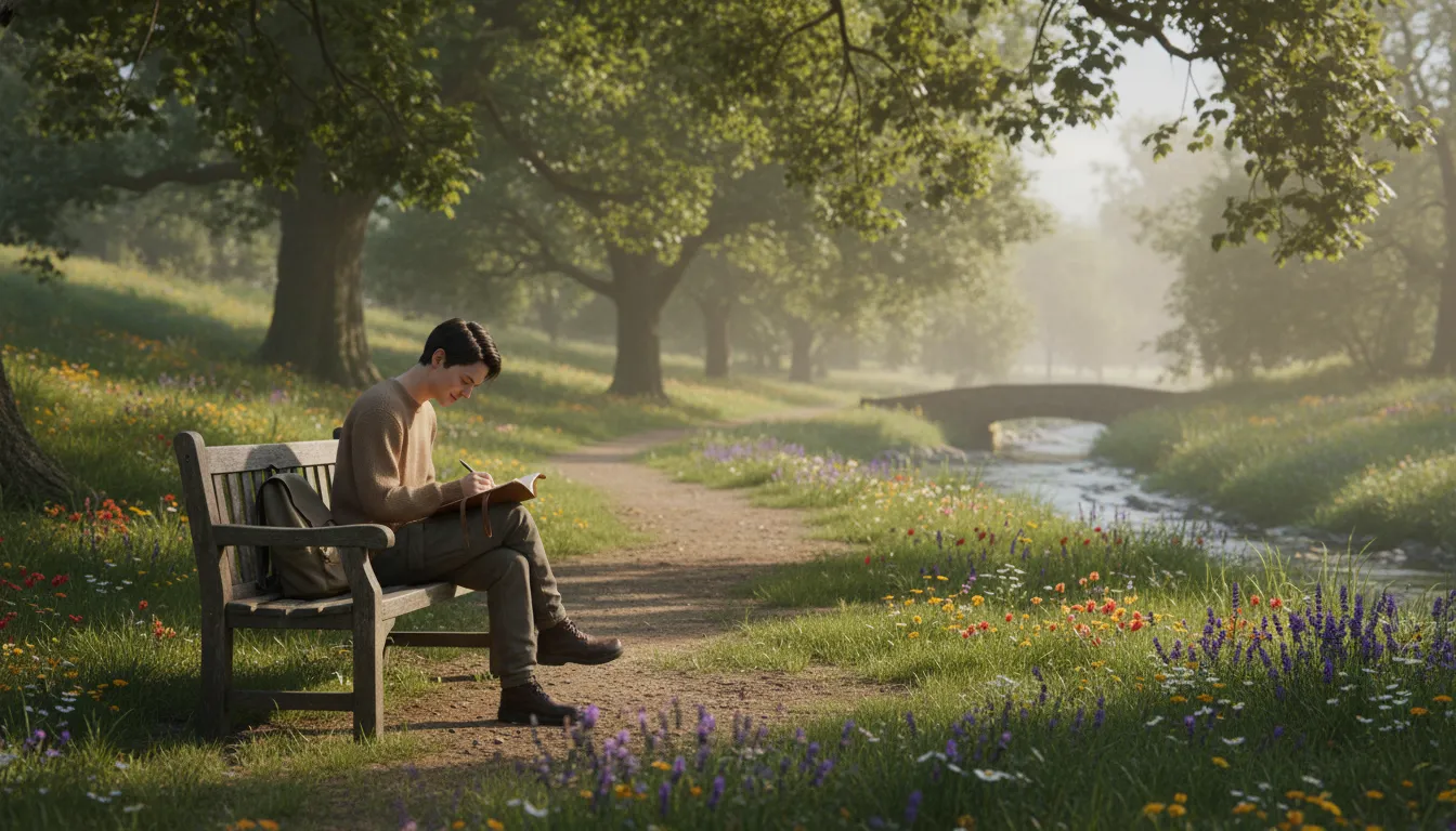 Pessoa escrevendo em diário ao ar livre em parque tranquilo, refletindo sobre seus pensamentos e espiritualidade em meio à natureza serena.