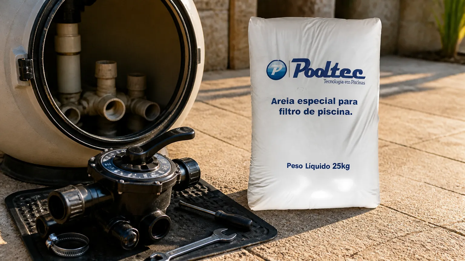 Processo de trocar areia do filtro da piscina mostrando componentes abertos para manutenção.