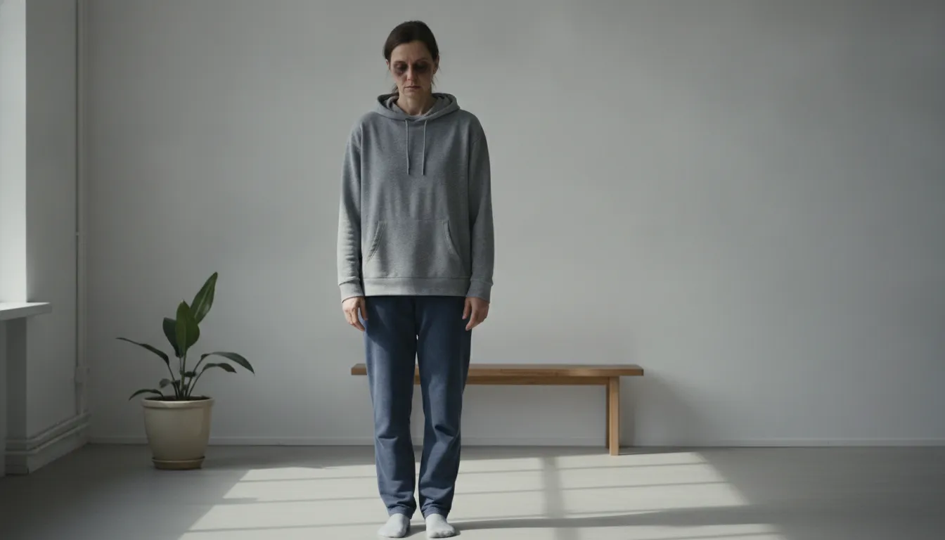 Pessoa com sinais físicos de esgotamento emocional, como olheiras e postura apática, em ambiente calmo.