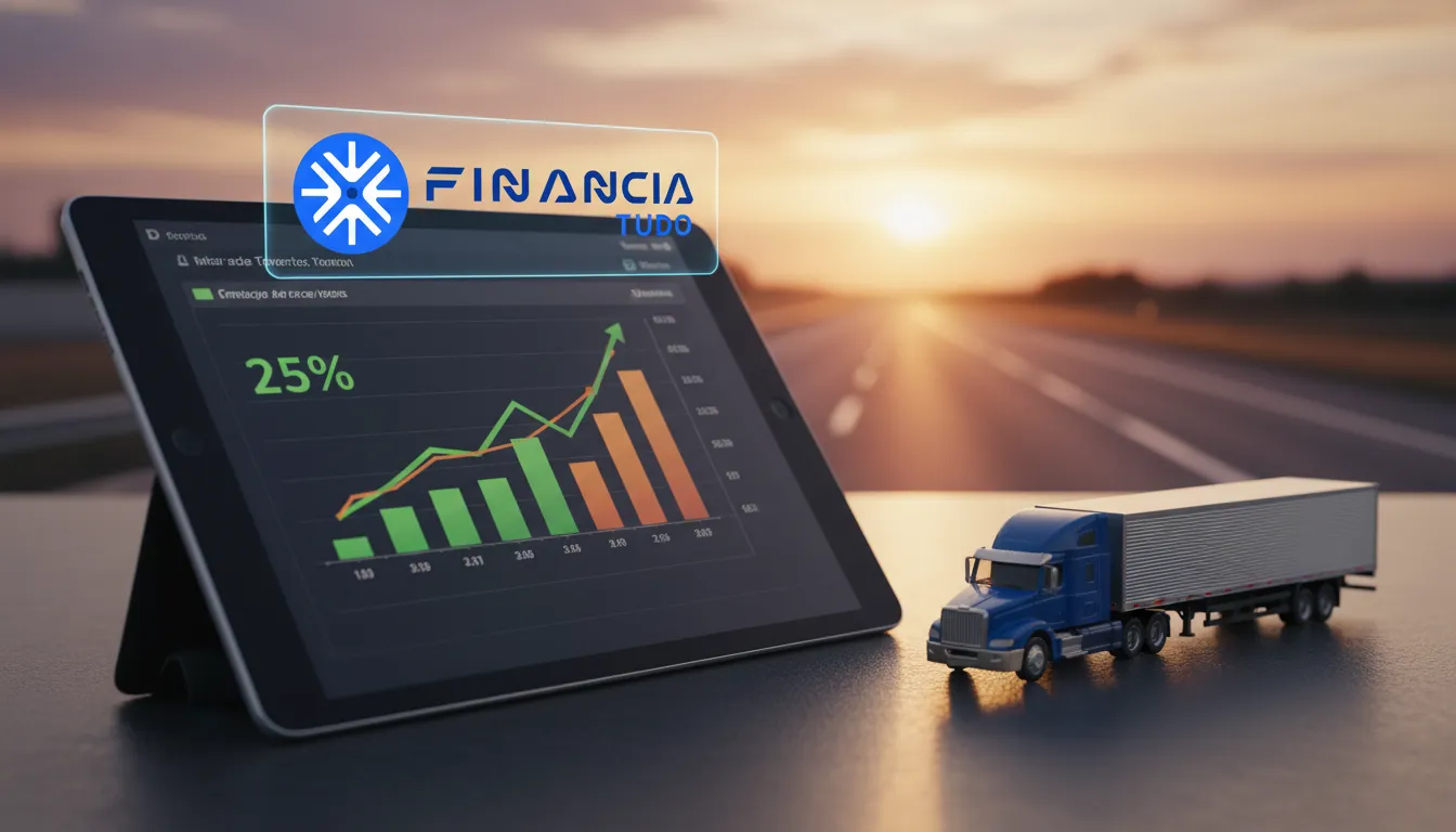 Gráficos financeiros em um tablet mostram o crescimento possibilitado ao financiar caminhão com entrada baixa, com a rodovia ao fundo.