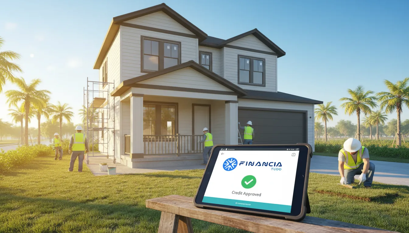 Obra em fase final com trabalhadores e sol brilhando, representando o sucesso na obtenção de crédito para finalizar obra parada.