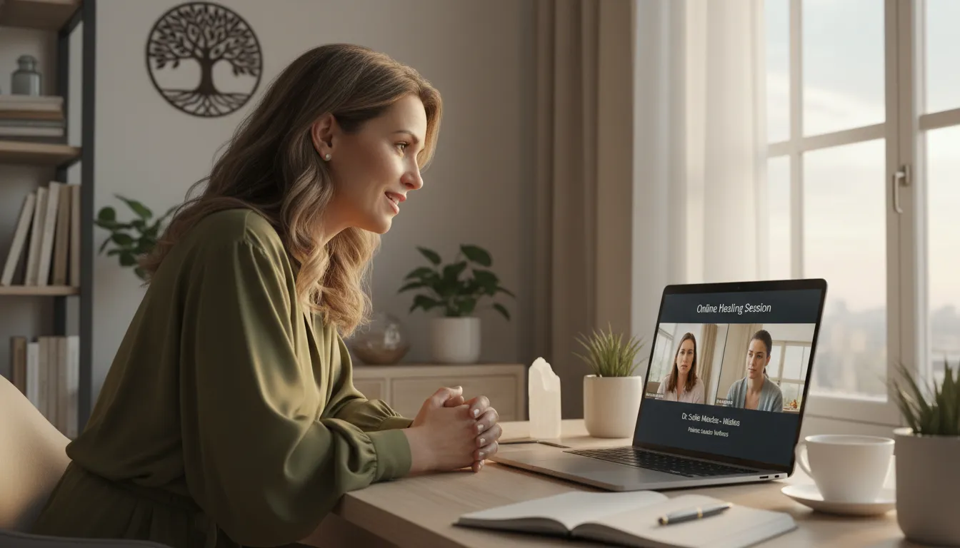 Terapeuta holístico ouvindo paciente em consulta online, demonstrando empatia e atenção