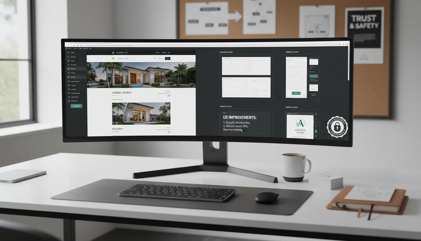 Seu Website em 2026: Checklist de Revisão da Virada do Ano 3 Mesa de designer com wireframes de site para diferentes dispositivos, notas de UX, e materiais de branding e segurança.