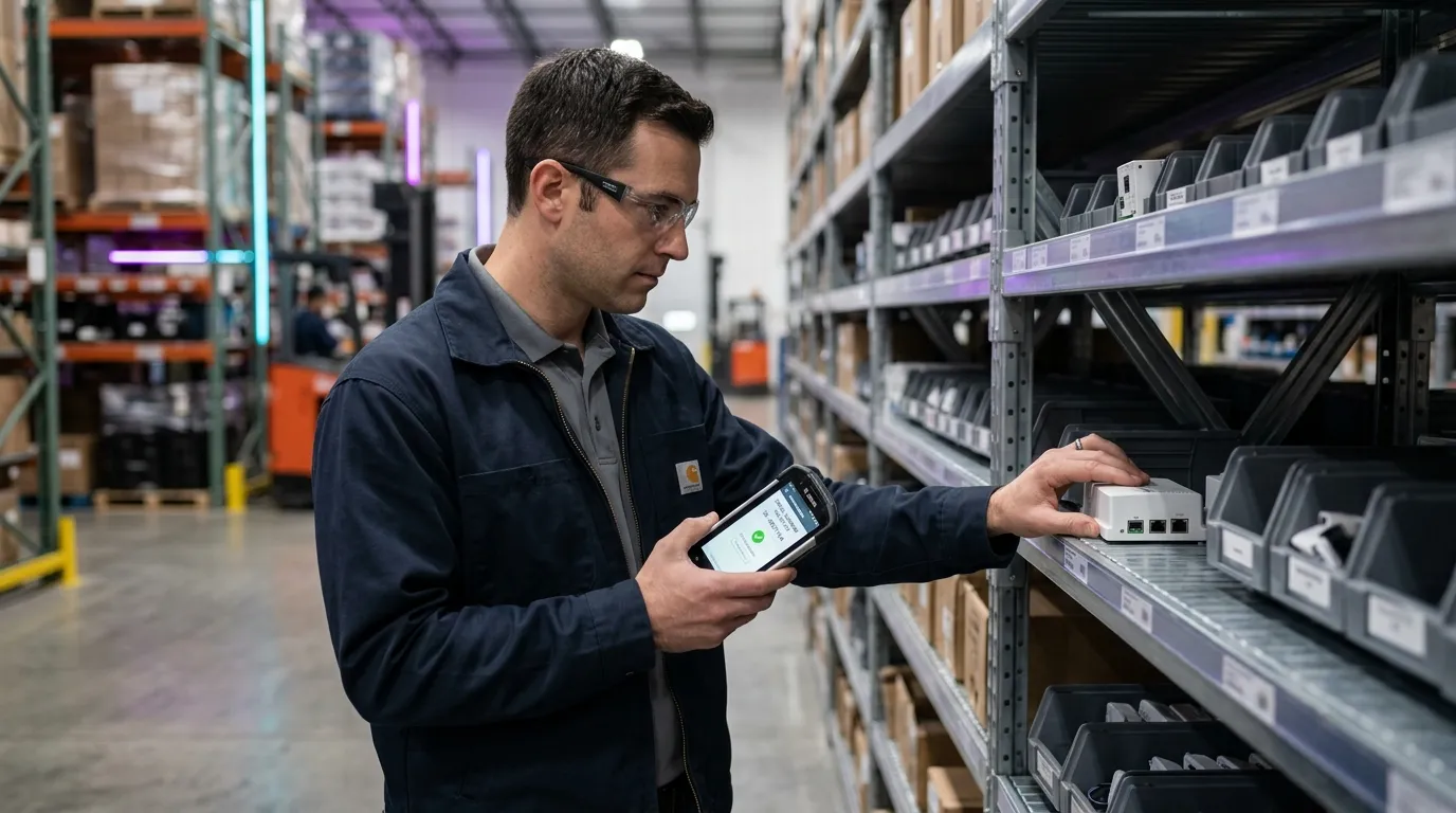 Gestor utilizando ficha de controle de estoque para auditar equipamentos por número de série.