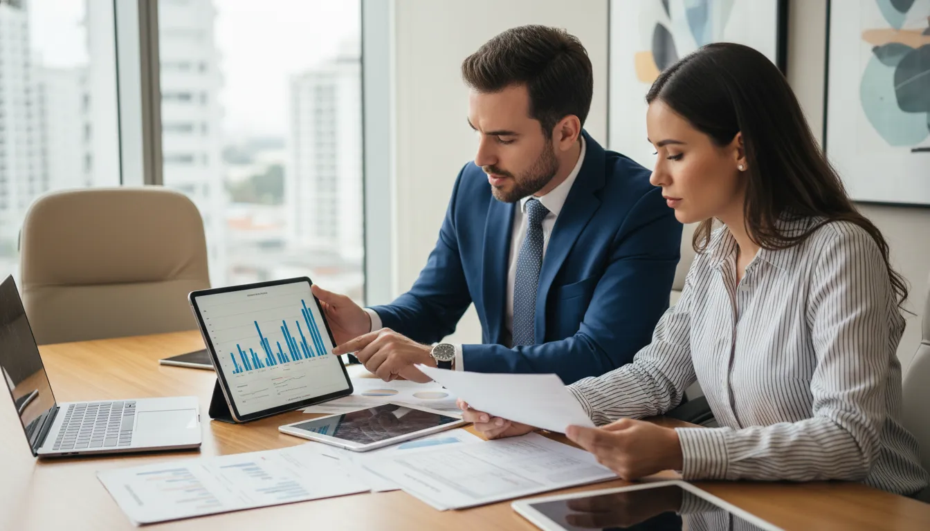 Consultor financeiro auxiliando cliente na análise de documentos fiscais para Imposto de Renda.