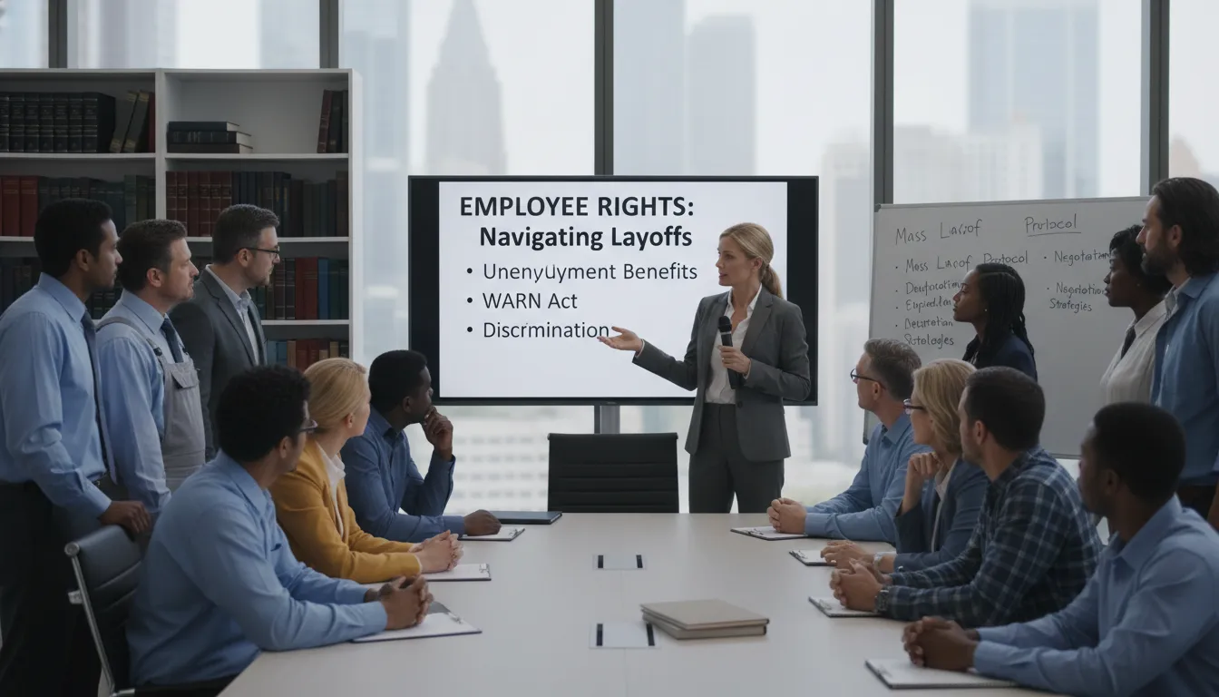 Advogado trabalhista orientando grupo de funcionários sobre direitos em modalidades de desligamento