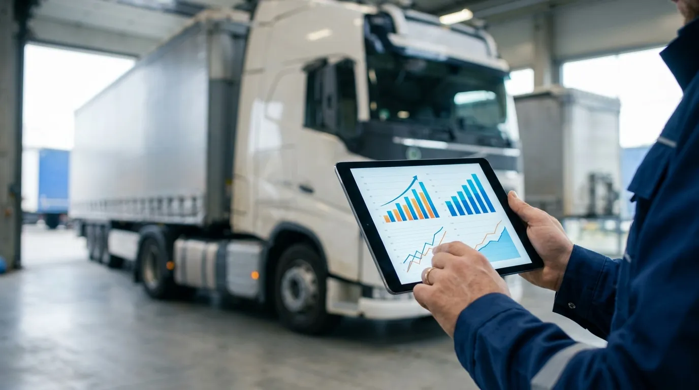 Graficos financeiros em tablet com refinanciamento de caminhão quitado ao fundo.