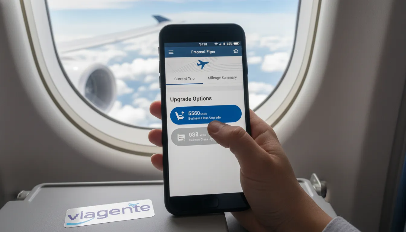 Interface de programa de milhas exibida em um smartphone, mostrando as opções de upgrade para a classe executiva.
