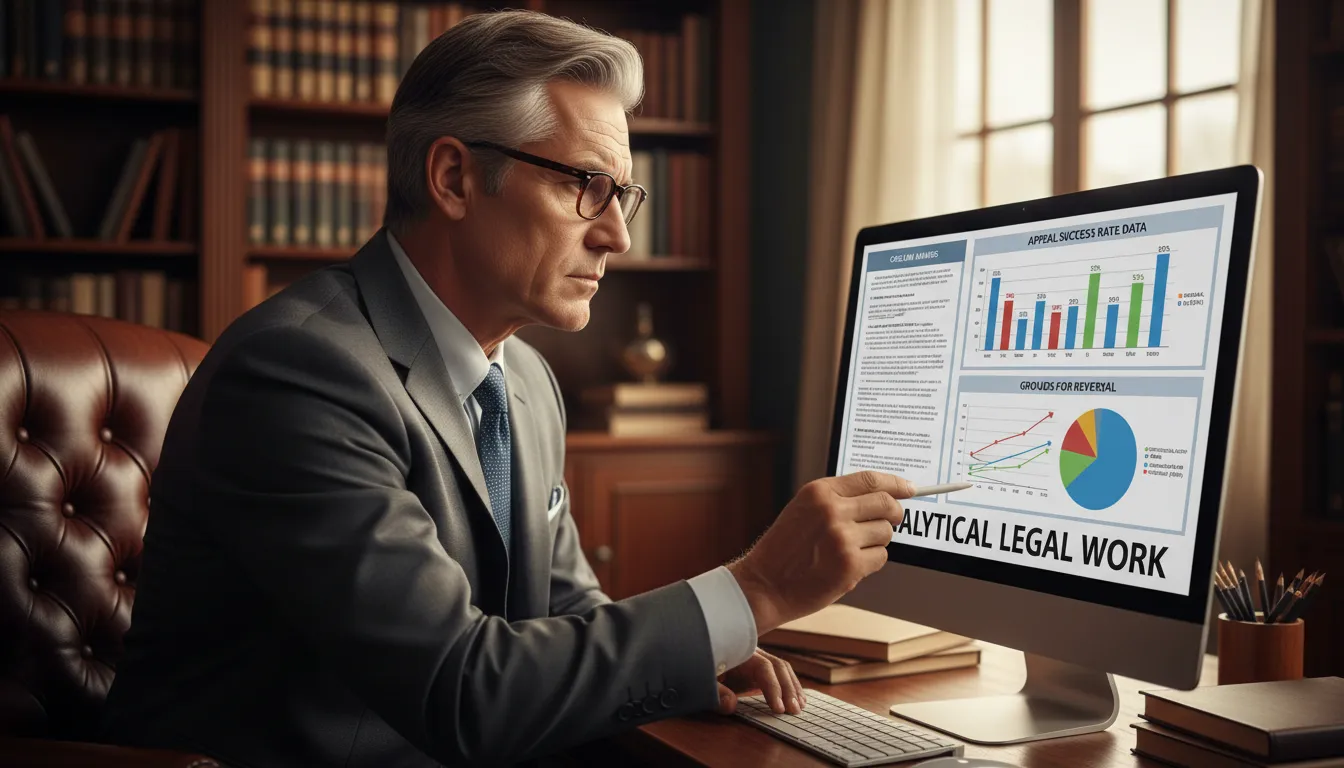 Advogado estudando decisão judicial no computador, com gráficos sobre taxa de sucesso de recursos em destaque.
