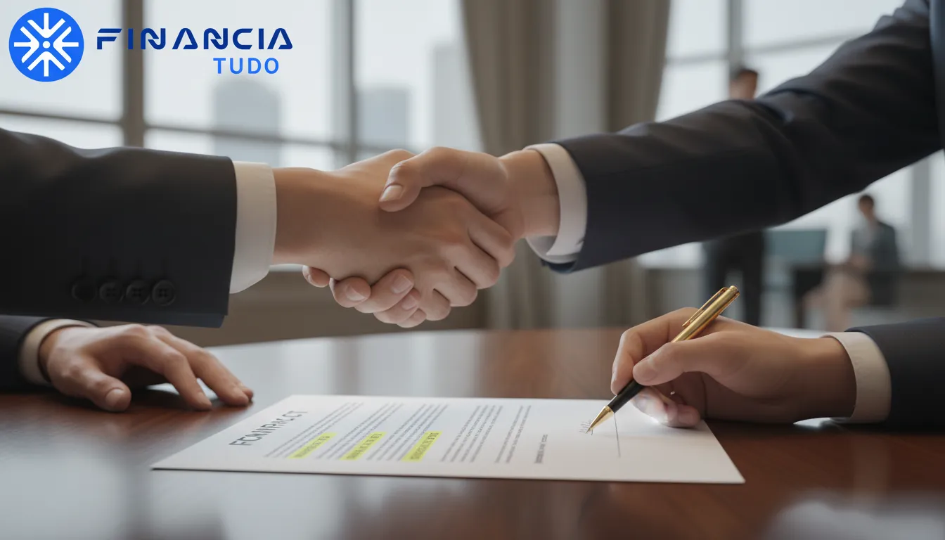 Aperto de mãos selando contrato de financiamento. Descubra se financiar construção vale a pena com a Financia Tudo.