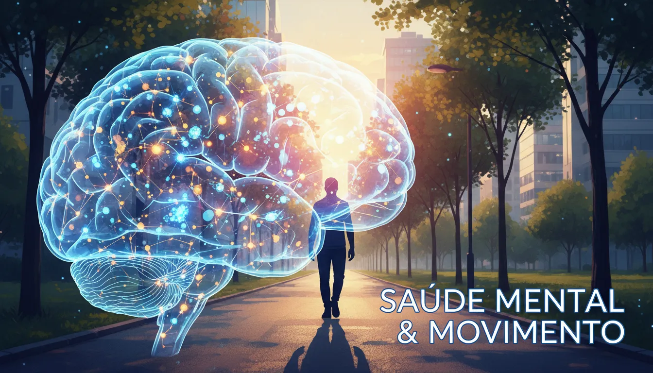 Bônus visual do cérebro ativo sobre pessoa caminhando, indicando conexão corpo-mente.