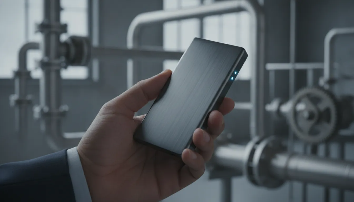 Mão segura sensor IoT, ferramenta chave para manutenção preditiva em ambiente industrial moderno.
