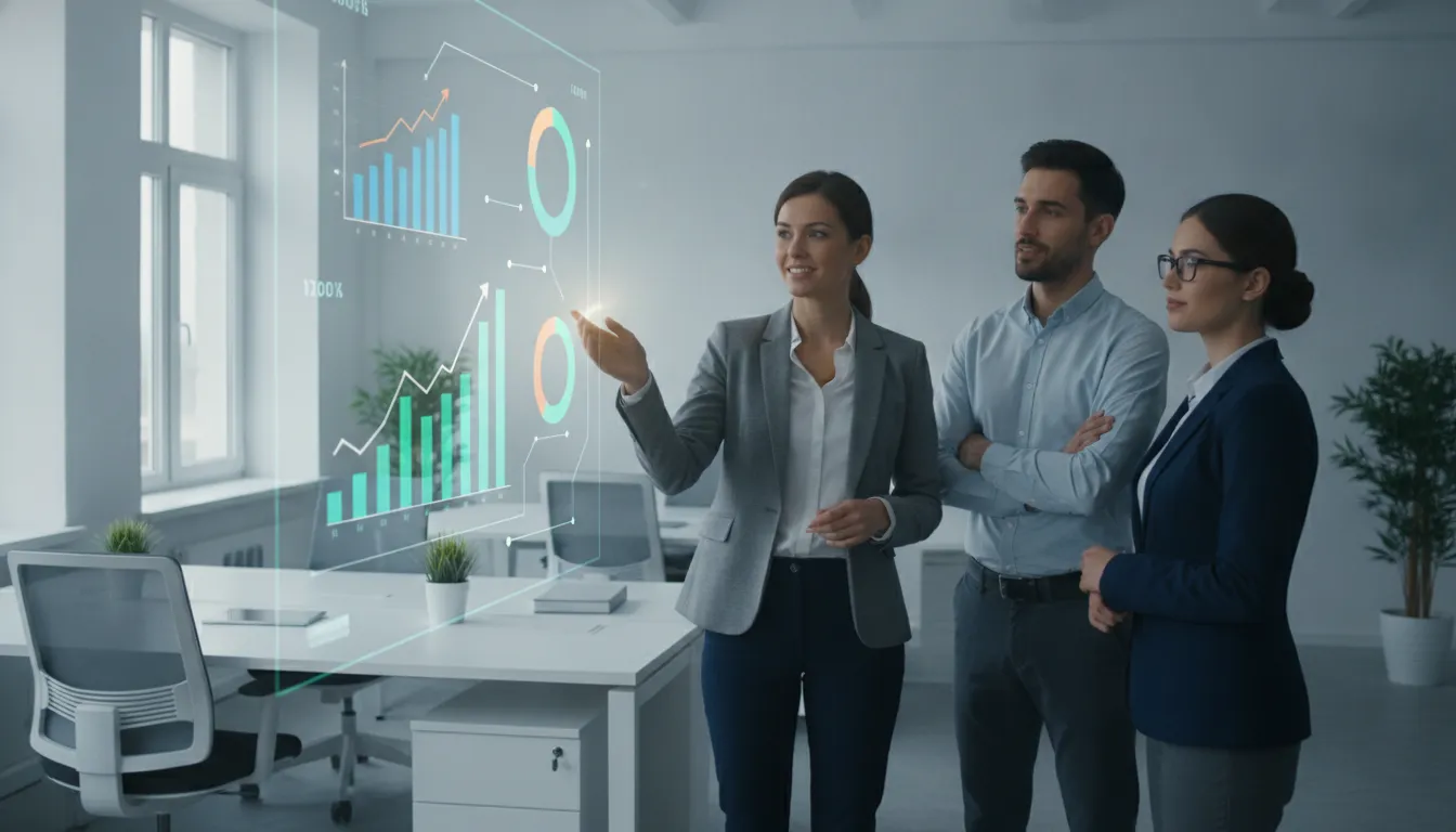 Equipe de negócios observa gráficos de crescimento em tela digital, mostrando conexão inteligente e eficiência operacional.