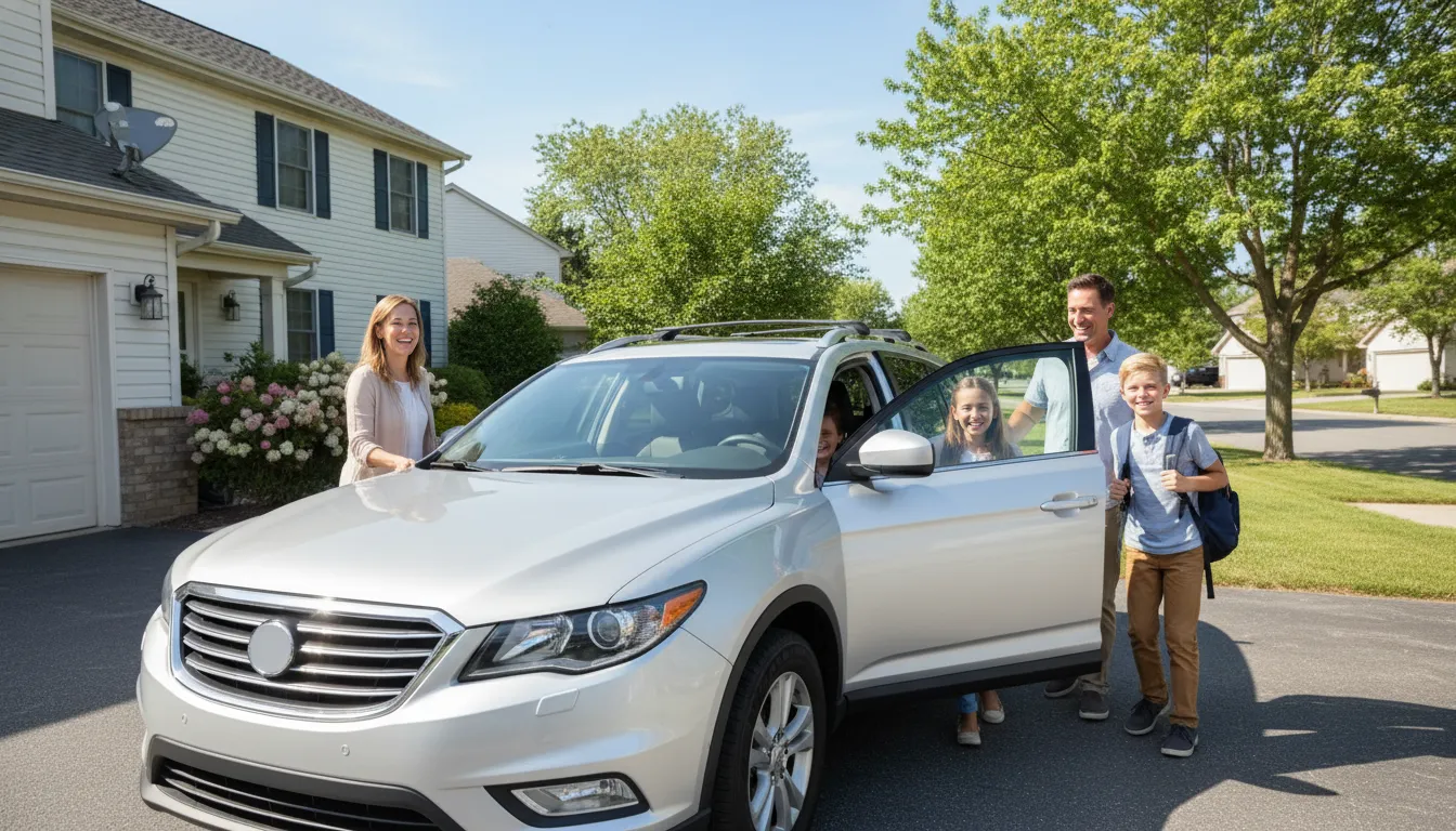 Família feliz entra no carro, transmitindo segurança e tranquilidade após contratar proteção veicular.