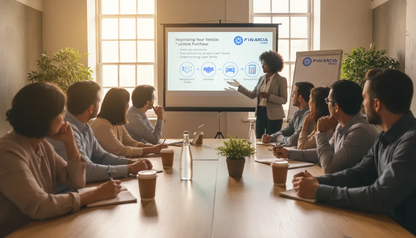 Pessoas aprendendo sobre como aumentar o poder de compra de um veículo em workshop financeiro.