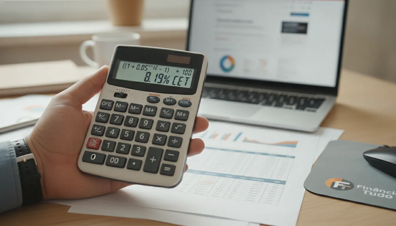 Mão calcula o que é CET no empréstimo em calculadora, enfatizando a importância da transparência financeira.