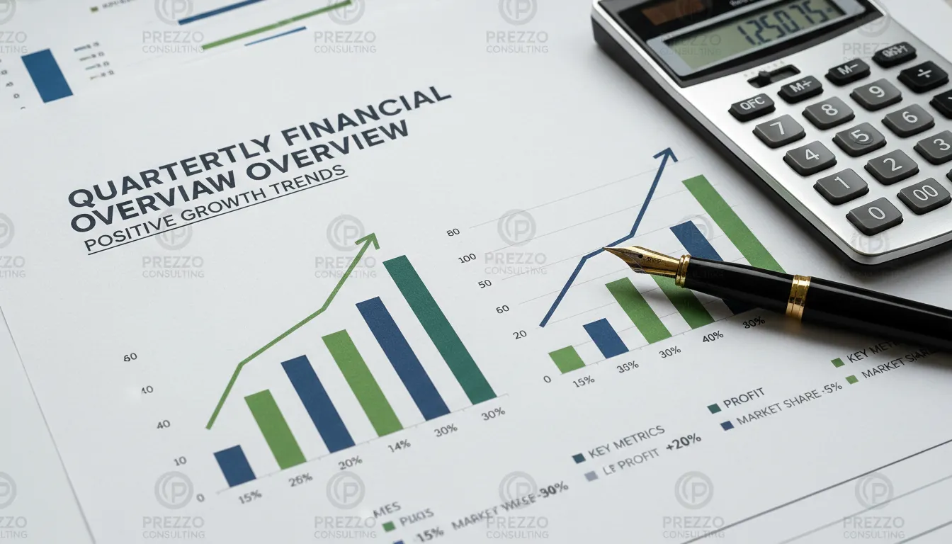 Relatório financeiro detalhado mostrando crescimento, representando a análise e suporte da Prezzo Consulting para identificar franquias baratas com potencial de sucesso.