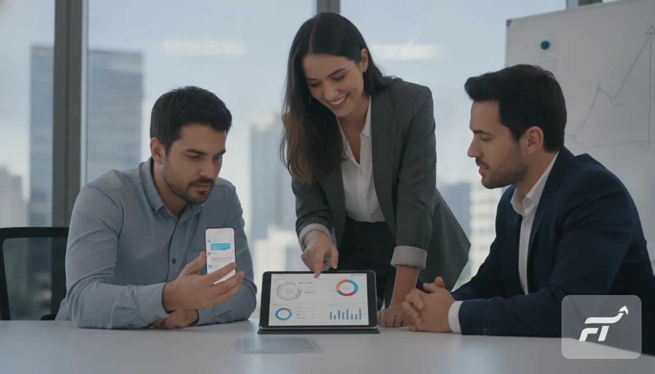 Profissionais discutem whatsapp para afiliados de crédito, usando tablet e celular em ambiente de escritório moderno.