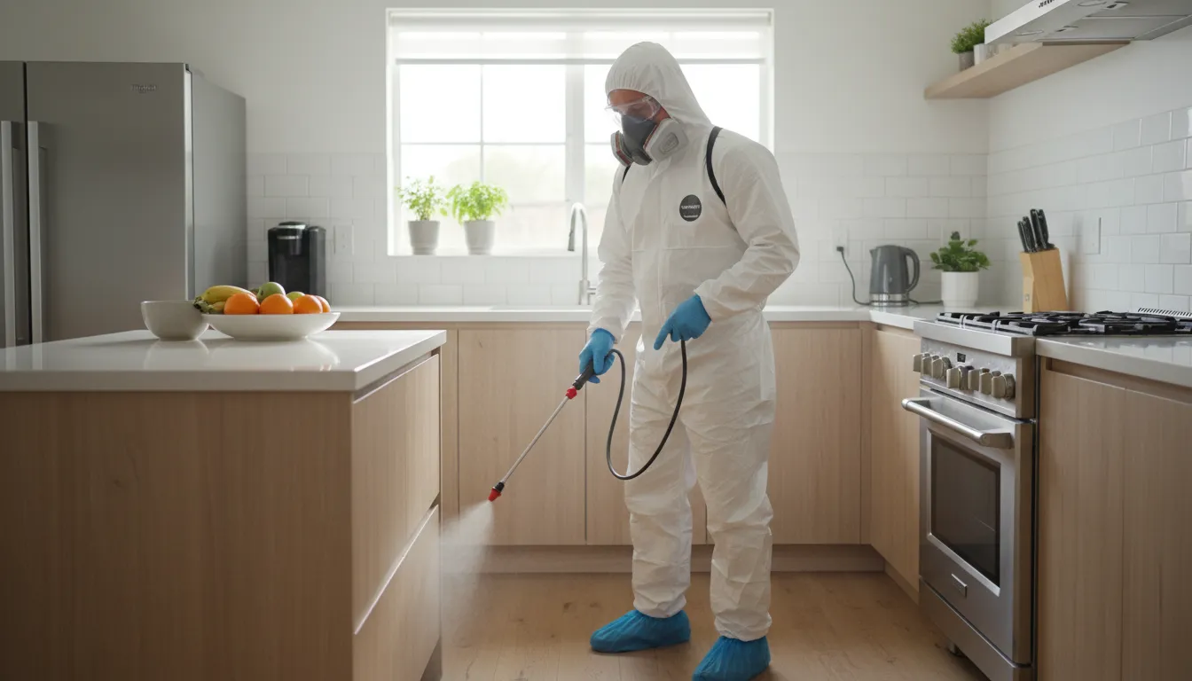 Técnico de dedetização aplicando pesticida em cozinha. Quanto custa dedetização? A dedetização é segura e eficaz?