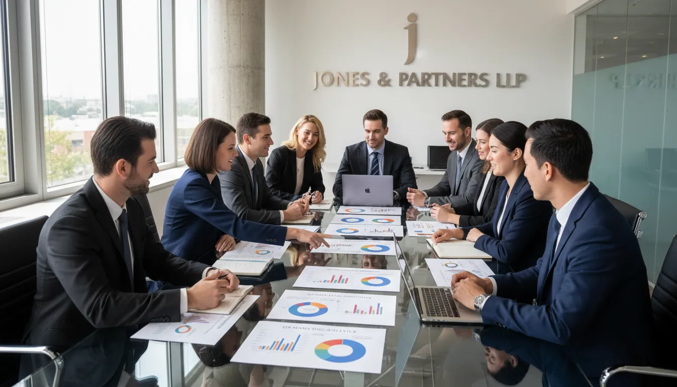 Equipe jurídica em reunião avaliando gráficos de marketing e dados do Google em ambiente moderno