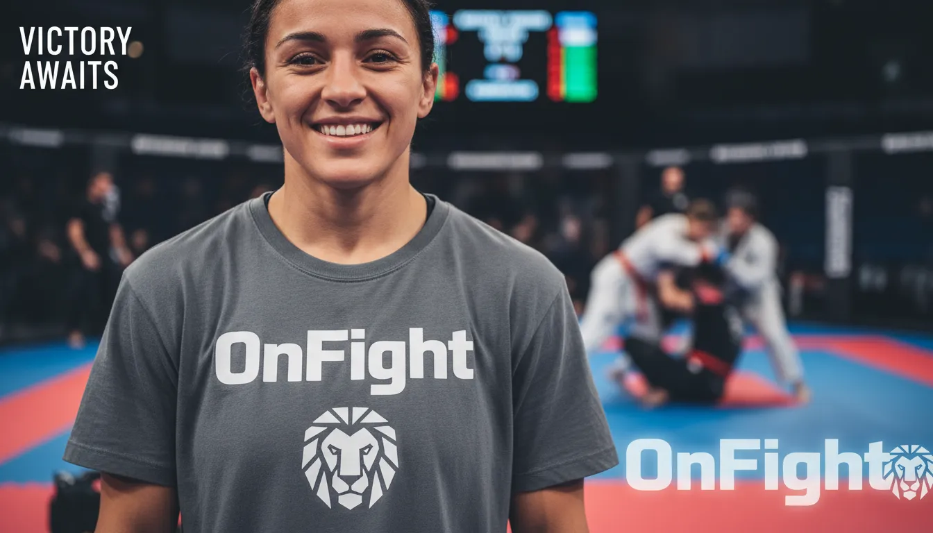 Close-up de atleta usando camisetas oversized cinzas da OnFight, sorrindo em competição de artes marciais.
