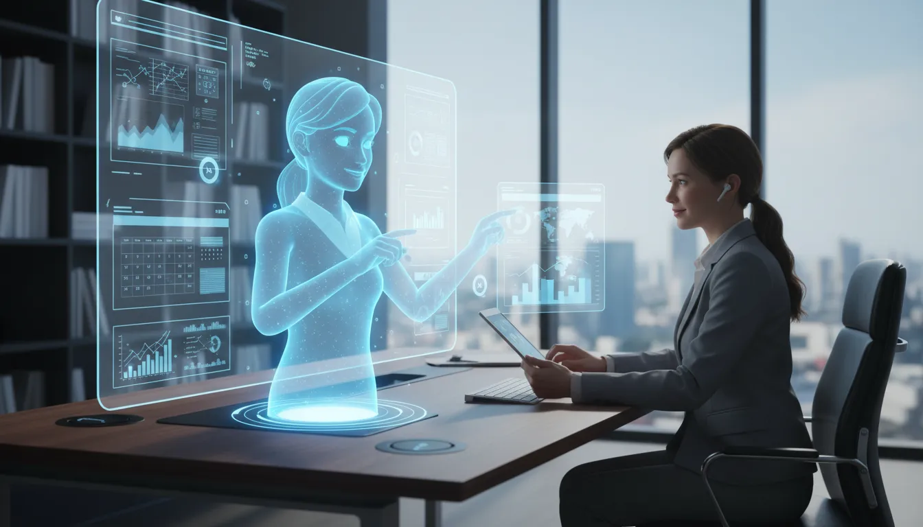 Assistente virtual Claude Opus 4.6: executivo trabalhando com a ajuda de uma presença holográfica amigável e eficiente.
