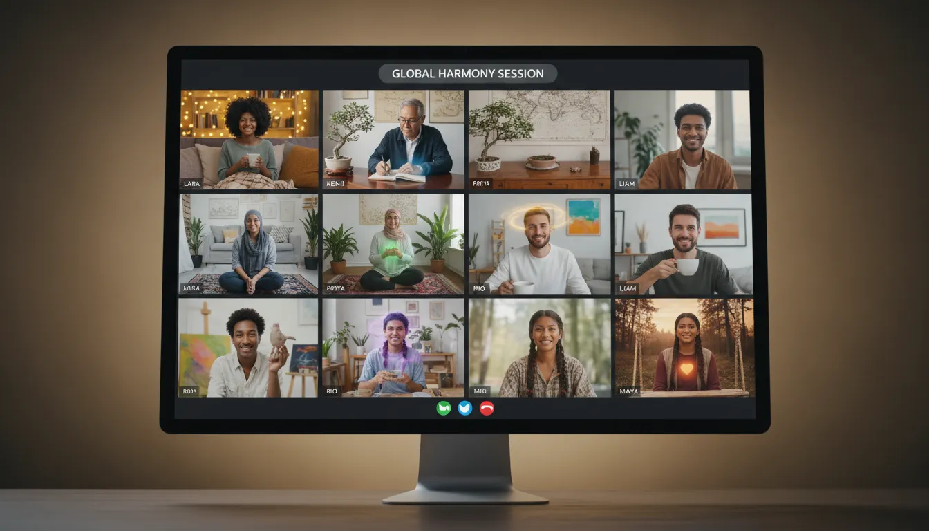 Pessoas diversas em sessão virtual, mostrando conforto e bem-estar durante o atendimento online