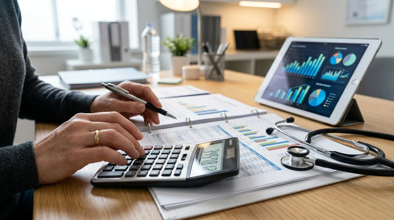 Cálculo financeiro e impacto da reforma tributária para clínicas médicas em planilha detalhada.