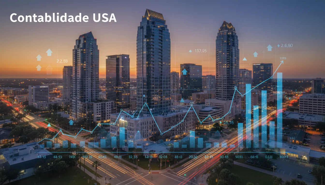 Vista aérea do distrito comercial de Orlando, com dados financeiros sobrepostos, simbolizando a contabilidade brasileira em orlando e serviços financeiros.