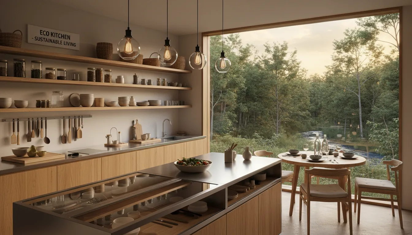 Cozinha de cabana ecológica com prateleiras sustentáveis e vista para a floresta.