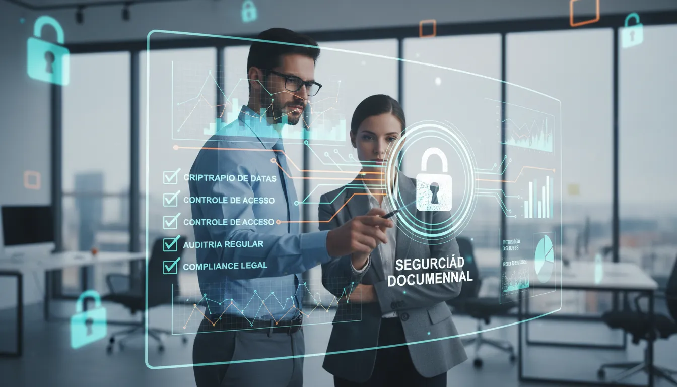 Advogado e profissional de TI analisando medidas de segurança documental para evitar fraudes em documentos.