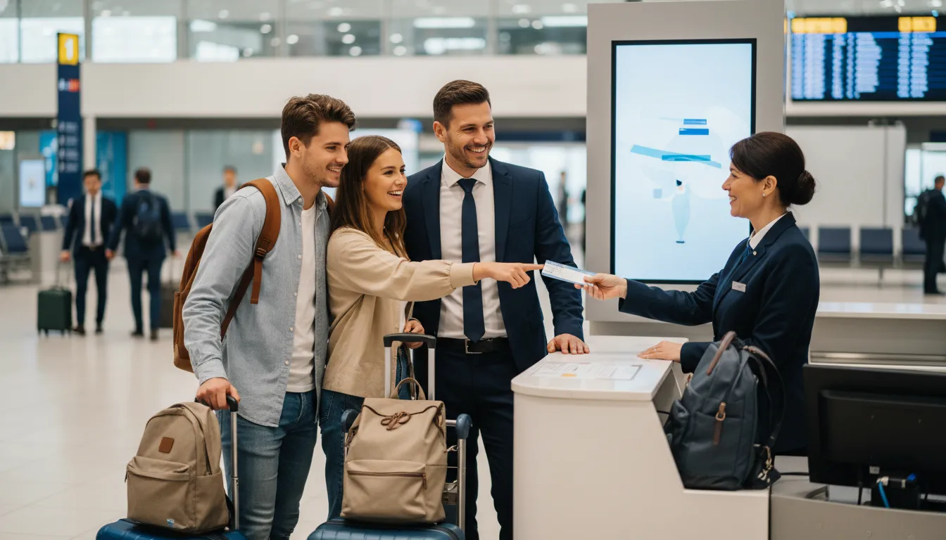 Viajantes felizes confirmam upgrade de voo no balcão de check-in do aeroporto, celebrando a conquista.